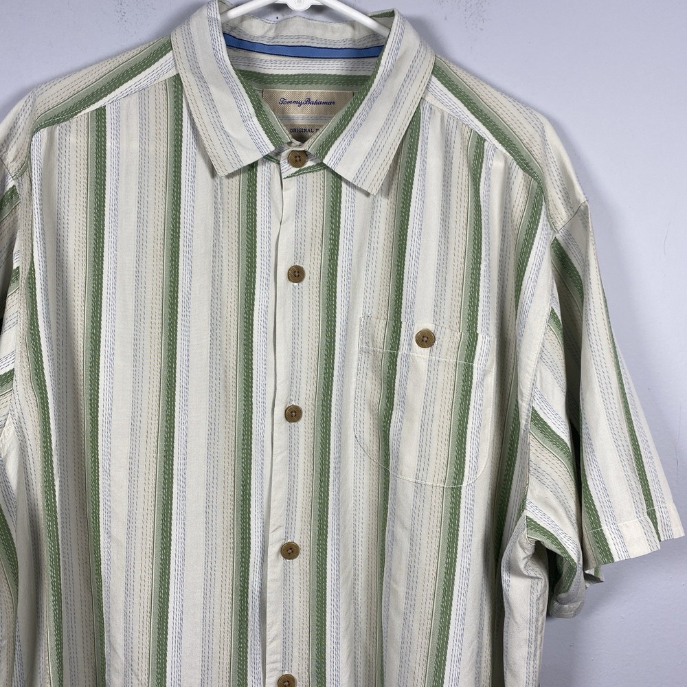 Tommy Bahama Original Fit‎ Men's XL Silk Button Up Shirt Green Yellow Striped